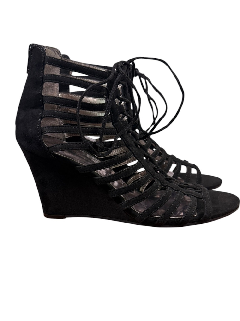 Carlos Santana Black Lace-Up Cage Wedge Sandals Size 7.5 - Picture 4 of 12